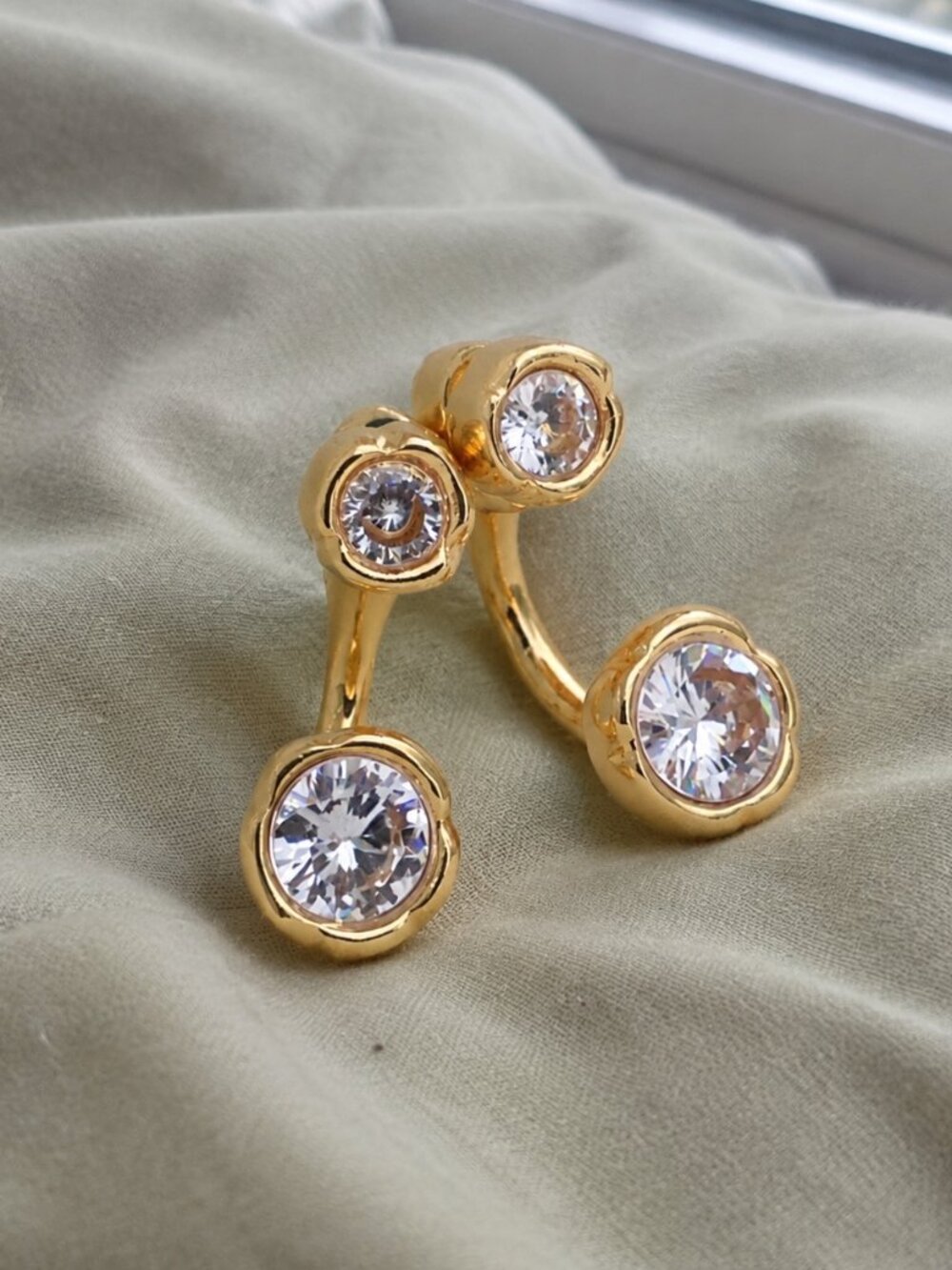 Gold White CZ Dangle Drop Earrings